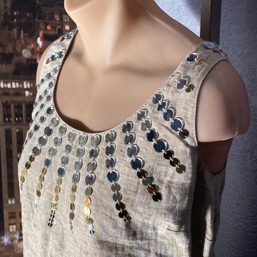 TORY BURCH - linen tank tunic w little mirror discs surrounding neck, zip - 8 - Picture 8 of 16